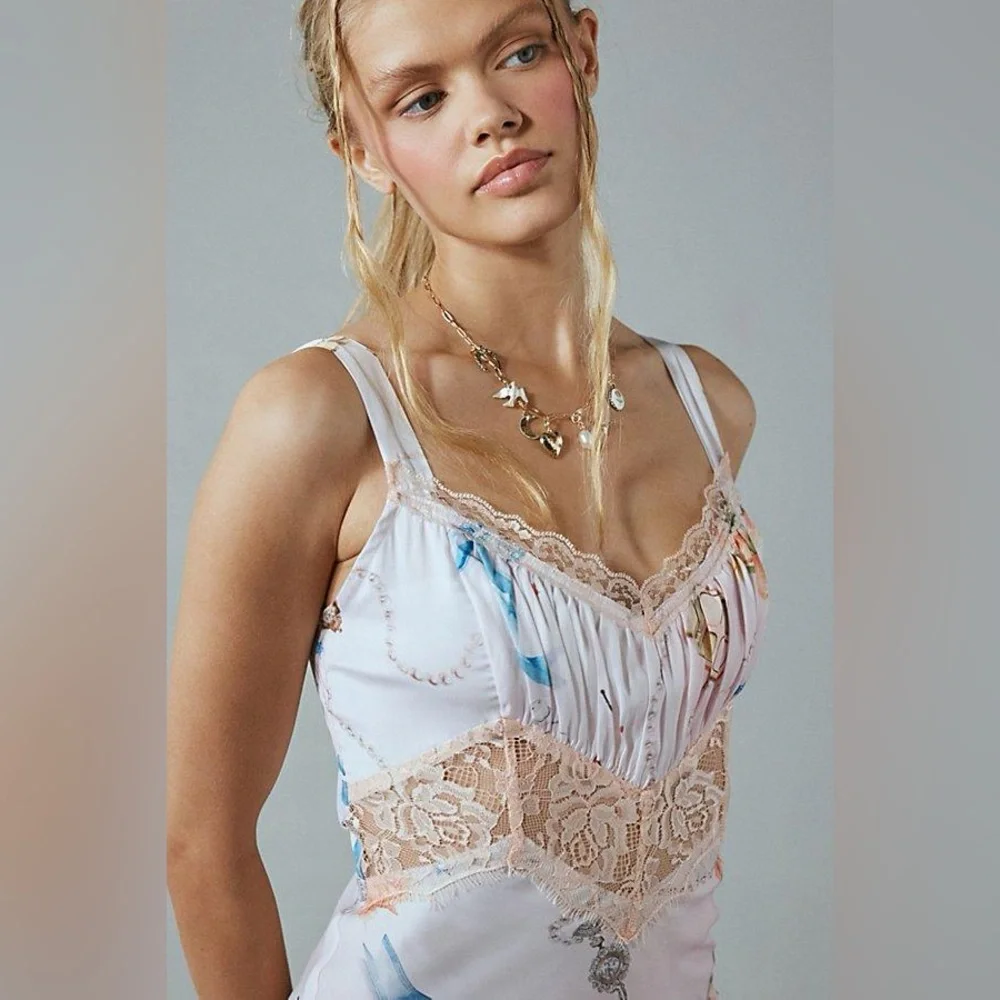 UO Kimchi Blue Liz Lace Trim Satin Slip Midi Dress- Patterned Pink - Picture 3 of 6